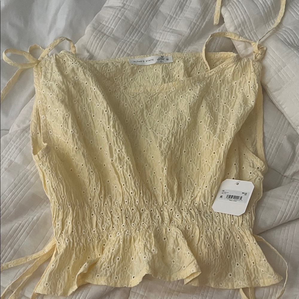 Altar'd State Yellow Eyelet Tie-Strap Peplum Top